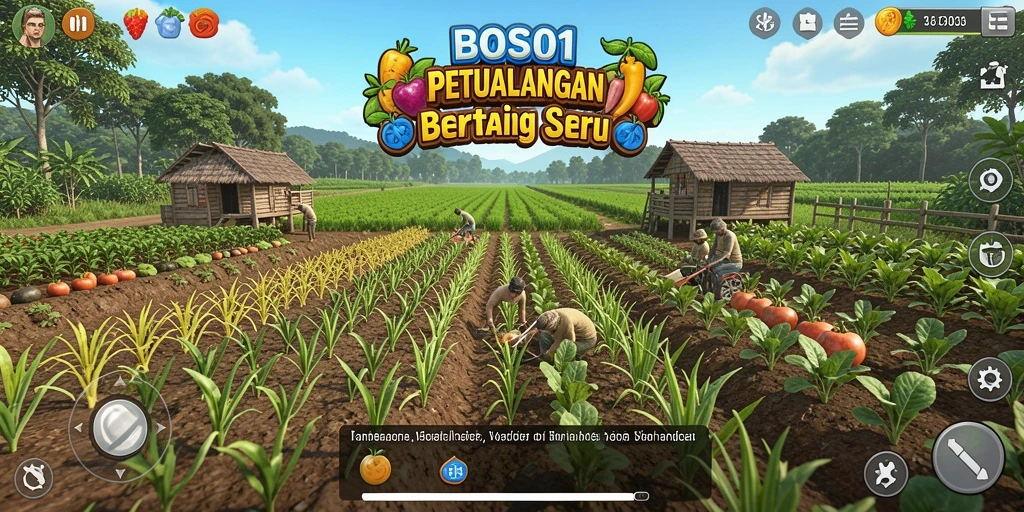 Screenshot gameplay BOS01 menampilkan lahan hijau yang penuh dengan tanaman subur.